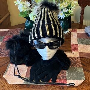 Black knit and faux fur hat, sunglasses gloves, and mini purse set